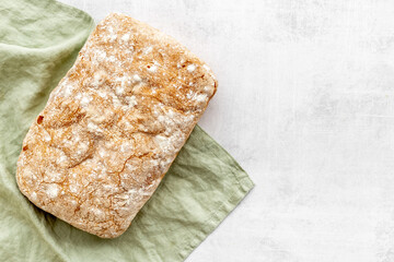 Freshly backed bread top view. Bakery background