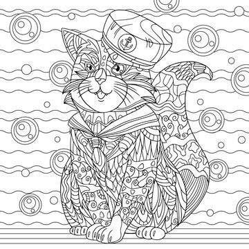 Funny cat in sailor uniform on marine background with bubbles. Hand drawn vector coloring book page for adult with doodle elements.