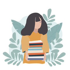 The girl is holding a stack of books. Student, schoolgirl, back to school, start of a new school year, study. Flat illustration. - 446772187