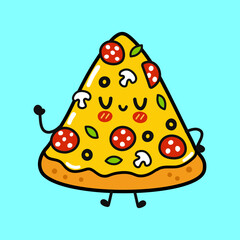 Cute funny pizza character. Vector hand drawn cartoon kawaii character illustration icon. Isolated on blue background. Pizza character concept