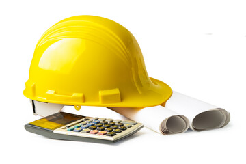 Yellow construction helmet and calculator isolated on white background with clipping path, engineer...