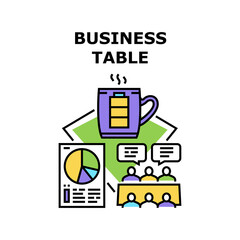 Fototapeta premium Business Table Vector Icon Concept. Business Table For Conference Meeting And Brainstorming With Employees, Project Presentation And Drinking Coffee Energy Drink And Color Illustration