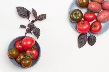 Fresh tomatoes in gray bowl and on plate. Sprigs of blue basil