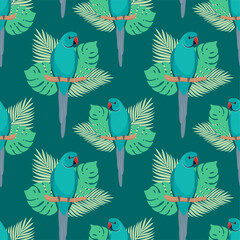 Fototapeta premium Seamless pattern with parrots and leaves. Ring-necked parakeet on turquoise background. Vector design for paper, cover, fabric, gift wrap, interior.