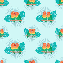Seamless pattern with parrots and leaves. Lovebirds on light blue background. Vector design for paper, cover, fabric, gift wrap, interior.