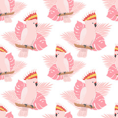 Seamless pattern with parrots and leaves. Cockatoo on pink background. Vector design for paper, cover, fabric, gift wrap, interior.