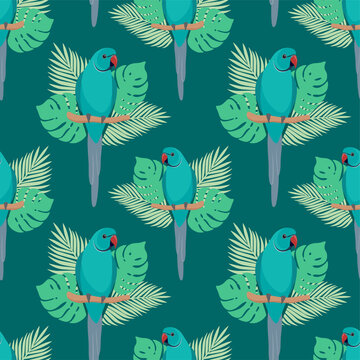 Seamless pattern with parrots and leaves. Ring-necked parakeet on turquoise background. Vector design for paper, cover, fabric, gift wrap, interior.