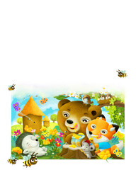 cartoon animals friends in forest eating honey near hive