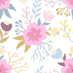 Hand drawn seamless pattern with elegance flowers and plants on a white background. Vector Illustration
