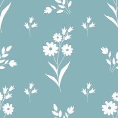 White flowers and leafs on a light blue background. Seamless vector pattern