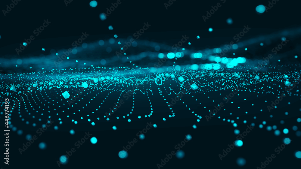Poster Abstract neural network 3D illustration. Big data concept. Global database and artificial intelligence. Bright, colorful background with bokeh effect