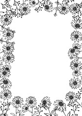 Hand drawn floral frame with outline black flowers chamomile or daisy on transparent background in doodle style. Copy space. For wedding design, greeting card, invitations. Vector stock illustration.