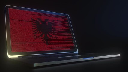 Laptop and source code on the screen composing flag of Albania. National information technology related 3d animation