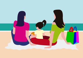 Chicas en la playa. Familia lesbiana con hija en la playa viendo el horizonte