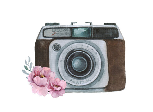 Watercolor hand drawn retro camera with pink flower. Suitable for logos, postcards and any of your designs