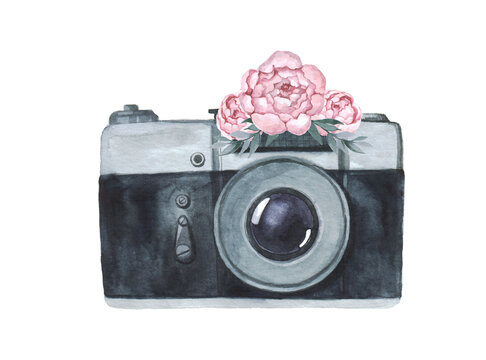 Watercolor hand drawn retro camera with pink flower. Suitable for logos, postcards and any of your designs