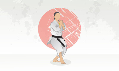 A woman doing a karate exercise. Light gray abstract background. © KivKom