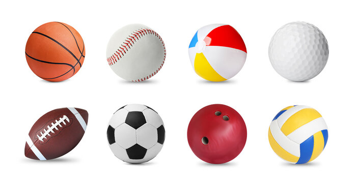 Set with different balls on white background, banner design. Sports equipment © New Africa