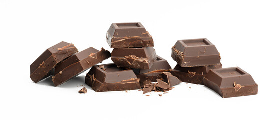 broken black chocolate with pieces isolated on white background. Dessert bar of chocolate