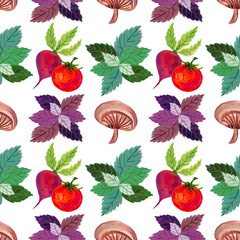 Watercolor hand paint bouquet eco food organic cafe menu design. natural tomato basil radish turnnip mushroom beetroot seamless