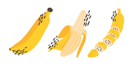 set of colorful hand-drawn flat bananas. abstract dots and textures. vector illustration isolated on white background.