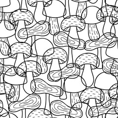 seamless doodle pattern of abstract autumn mushrooms. illustration isolated on white background. design for fabric, packaging, background.