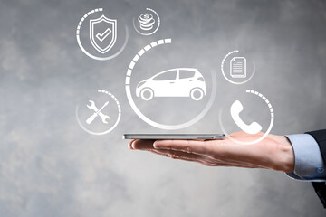 Digital composite of Man holding car icon.Car automobile insurance and car services concept. Businessman with offering gesture and icon of car