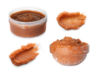 Aromatic body scrubs on white background, collage