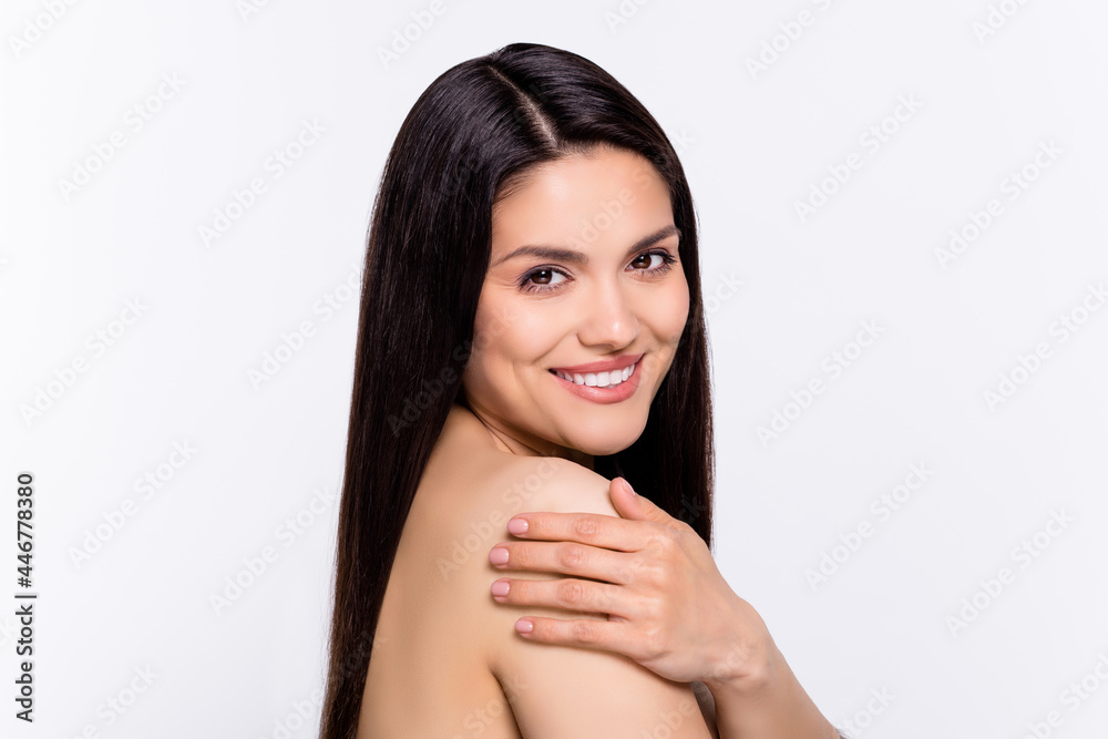 Canvas Prints Profile side photo of young woman happy positive smile hand touch shoulder pure silky soft skin isolated over grey color background