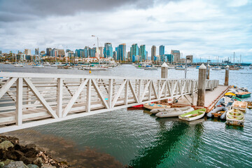 Marina with a view of downtown San Diego on a cloudy day. San Diego, USA - 22 Apr 2021