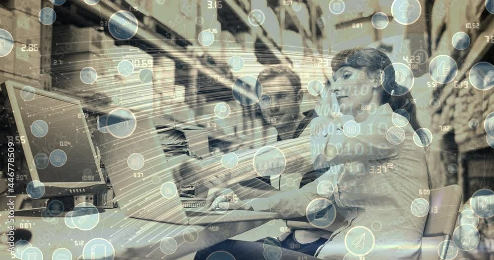 Poster animation of networks of connections with digital icons over couple using computer