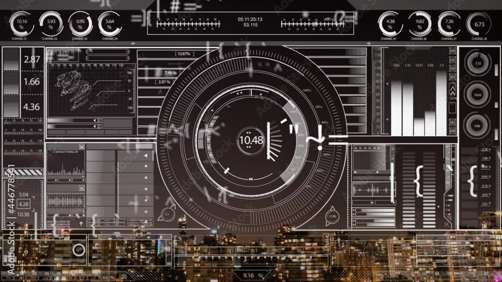 Poster animation of data processing and scope scanning over city scape
