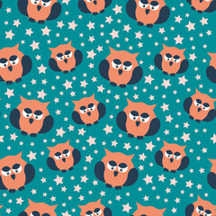 Cute seamless pattern with owls and stars on the blue background. Vector stock illustration. Great for fabric, postcards, wallpapers, covers, packaging,  wrapping paper.