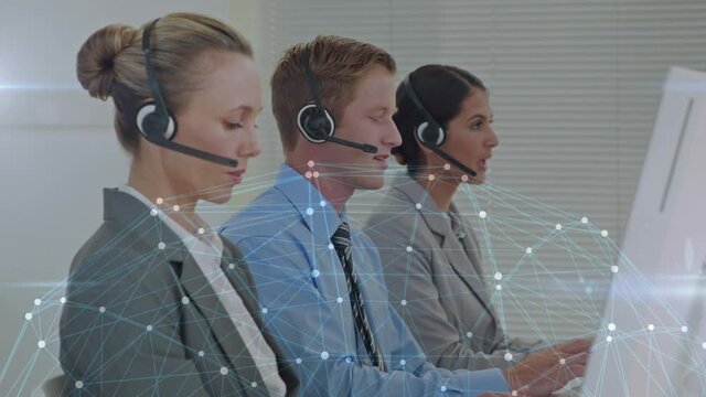 Animation of network of connections over business people using phone headsets