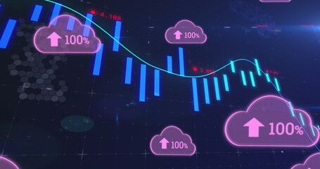 Image of line with financial data processing over pink clouds with numbers growing