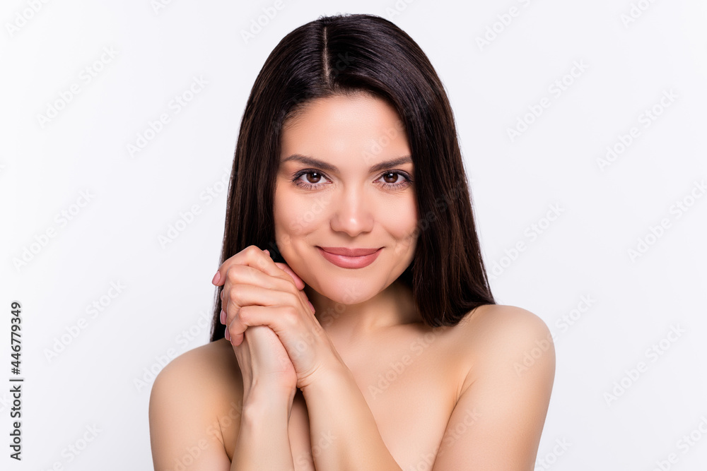 Poster Portrait of attractive sweet cute healthy woman enjoying modern wellbeing perfect skin tone isolated over white color background