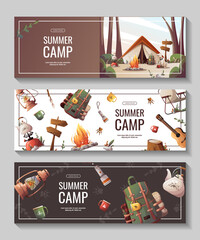Set of promo flyers for summer camping, traveling, trip, hiking, camper, nature, journey, picnic. Vector illustration for poster, banner, flyer, cover, special offer, advertising.