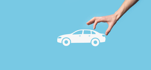 Digital composite of Man holding car icon.Car automobile insurance and car services concept....