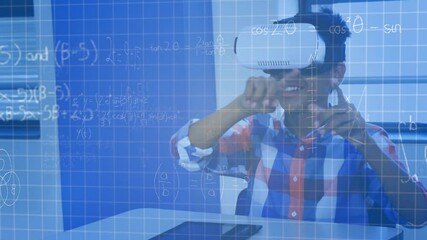 Animation of mathematical equations over schoolboy wearing vr headset - Powered by Adobe