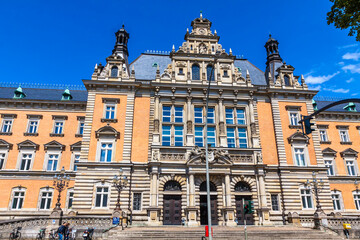 Fototapeta na wymiar Facade of Landgericht Hamburg criminal justice court building (Landgericht Hamburg StrafjustizgebÃ¤ude) on Sievekingplatz square in Hamburg-Mitte district