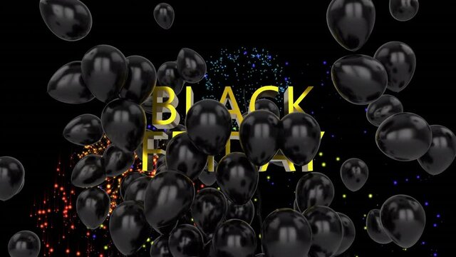 Animation of fireworks and balloons over black friday text on black background