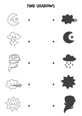 Find the correct shadows of black and white weather elements. Logical puzzle for kids.