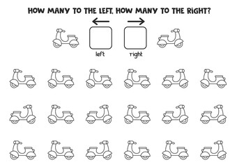 Left or right with black and white scooter. Logical worksheet for preschoolers.