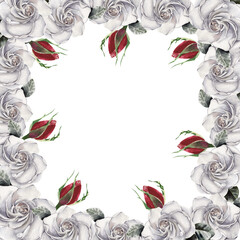 Fototapeta na wymiar Collection of watercolor hand drawn floral frame. Floral frames of white camellias and red buds to create invitations, posters, cards. Romantic templates for wedding, valentine's day.