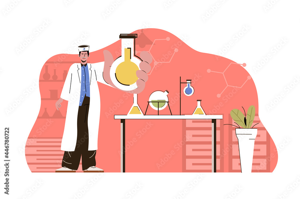 Aufkleber Medical research concept. Laboratory assistant conducts tests in flasks in lab situation. Drug development people scene. Vector illustration with flat character design for website and mobile site