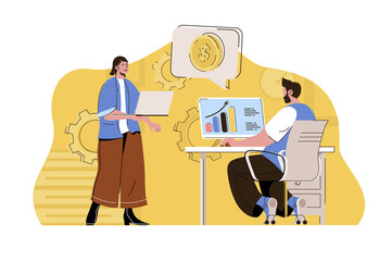 Maximum profit concept. Man and woman make money and increase income situation. Financially successful business people scene. Vector illustration with flat character design for website and mobile site
