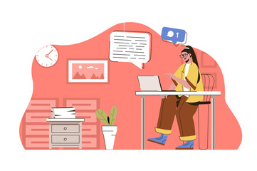 Media space concept. Woman chatting with friends on social networks situation. Online communication, cyberspace people scene. Vector illustration with flat character design for website and mobile site