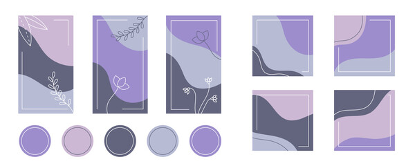 Social media stories, posts, highlights templates set for bloggers. Abstract vector backgrounds in purple shades.