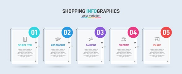 Fototapeta na wymiar Concept of shopping process with 5 successive steps. Five colorful graphic elements. Timeline design for brochure, presentation, web site. Infographic design layout.