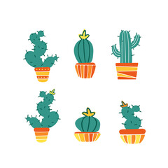 A set of domestic plants. Mexican cacti in pots, flowers. Bright summer vector flat illustration. Isolated design elements on a white background. For stickers, posters, postcards, banners. Houseplant